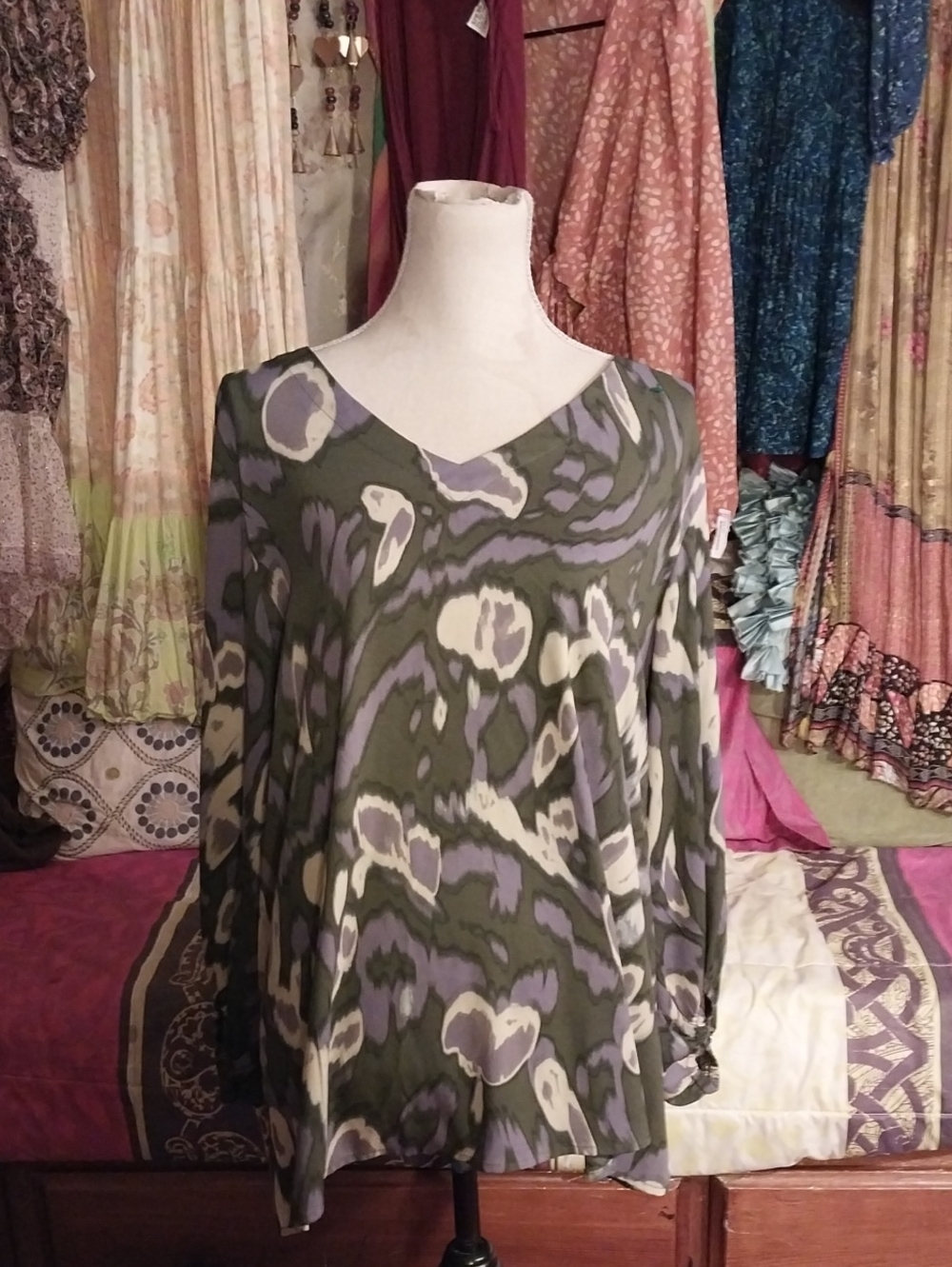 Belle Kim Gravel Green Abstract Print V-Neck Women's Top